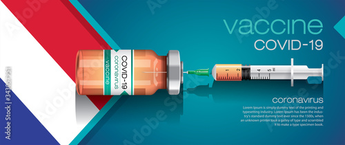Vector illustration with 3D corona vaccine, country flag concept.