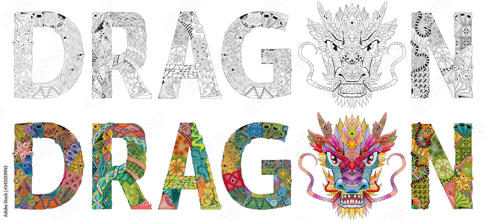Naklejka premium Word DRAGON with dragon head. Vector zentangle object for decoration. Clolr and outline set