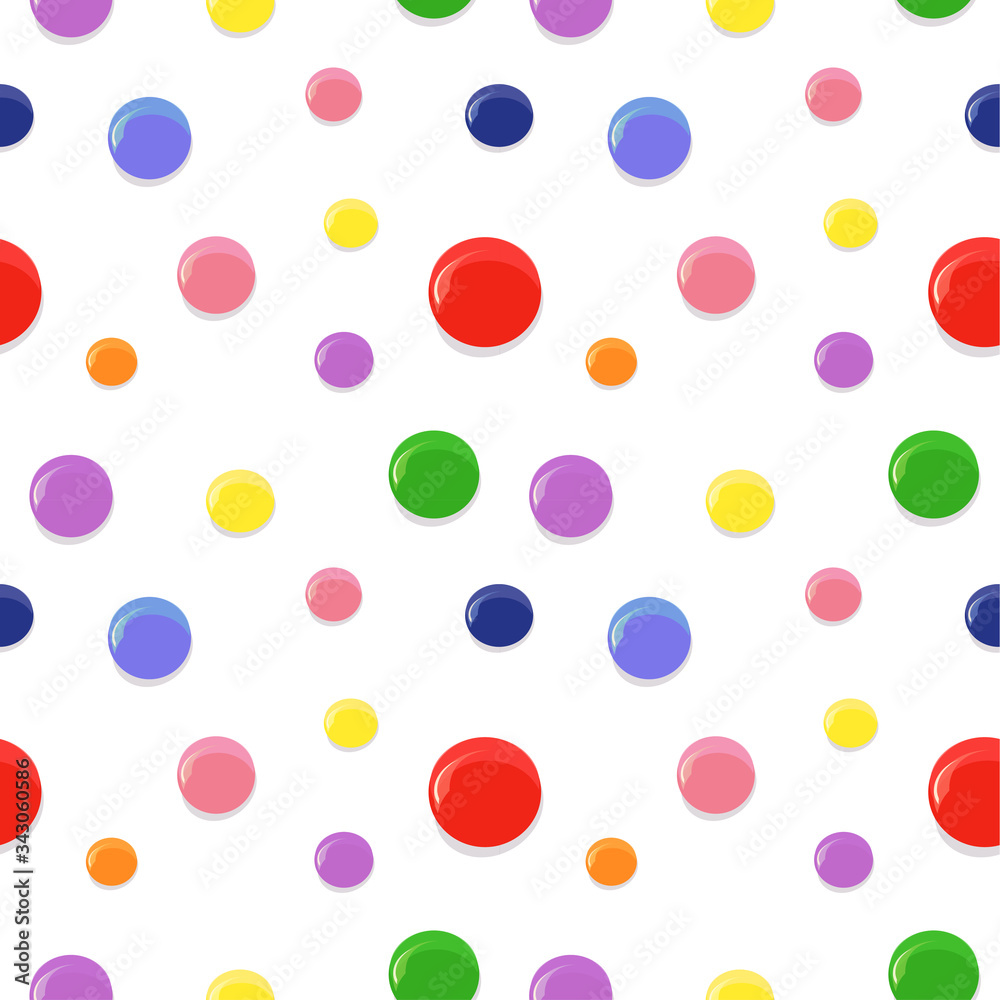 Seamless pattern with circle shaped drops of different vibrant colors. Modern polka dot design.