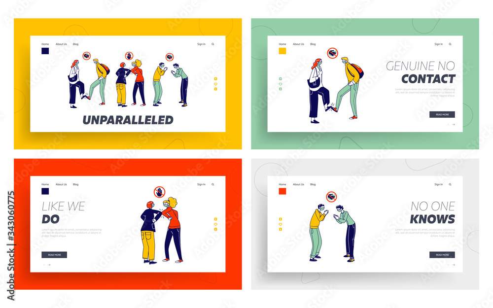 Characters Greeting Each Other With Feet and Elbows Landing Page Template Set. Friends or Colleagues Alternative Non-contact Greet During Coronavirus Epidemic Safety. Linear People Vector Illustration