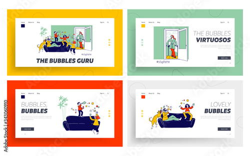 Parents and Kids Playing, Blowing Soap Bubbles Landing Page Template Set. .Happy Family Characters at Covid19 Quarantine Isolation. Mom, Dad Dog and Children Mess. Linear People Vector Illustration