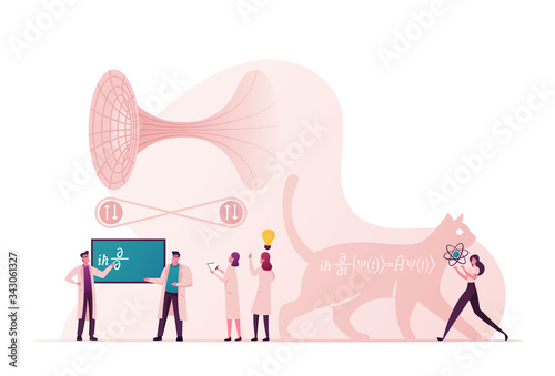 Scientific Concept with Tiny Scientists Characters Solve Fundamental Quantum Mechanics Formulas, Cat of Schrodinger Equation, Quantum Field Theory and Tunneling. Cartoon People Vector Illustration