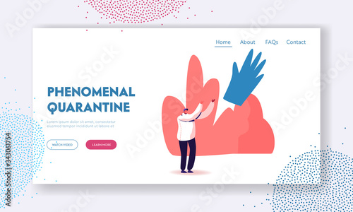 Coronavirus Quarantine Lockdown End Landing Page Template. Happy Male Character Throw in Air Huge Medical Glove Celebrate Covid19 Pandemic Finish. Victory on Covid19. Cartoon Vector Illustration