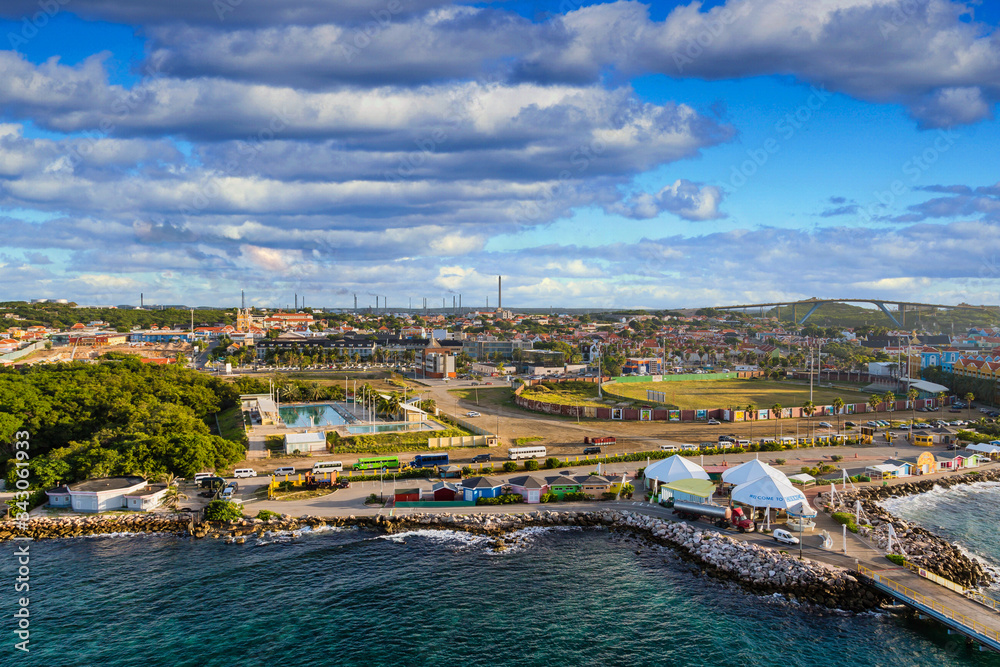 The colorful port of Curacao from the sea