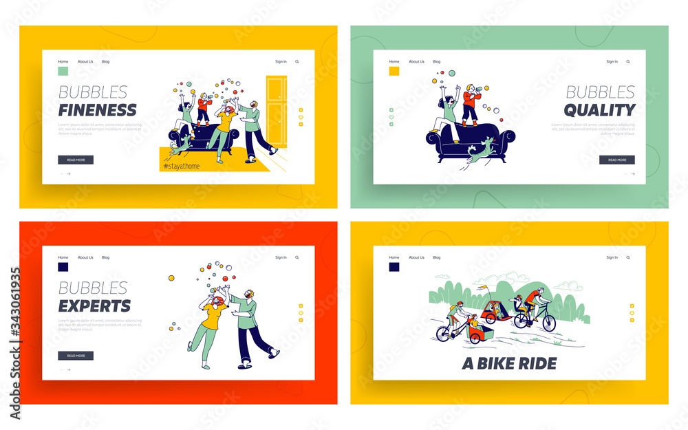 Happy Family Spare Time Landing Page Template Set. Characters Parents, Dog and Kids Blowing Soap Bubbles at Covid19 Quarantine Isolation. Riding Bike with Trailer. Linear People Vector Illustration