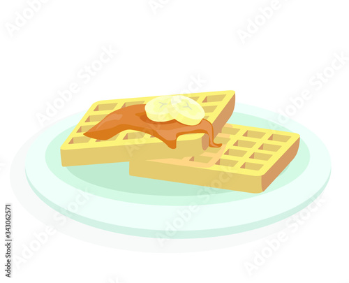 waffles with maple sirup caramel and banana icon food delicious sweet sugar breakfast traditional snack isolated on white background