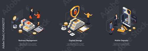 Isometric Ways Of Capital Saving And Increase. Businessmen Building Wealth. Characters Find Ways To Save And Increase Savings By Deposit And Investments. Financial Freedom. Vector Illustrations Set