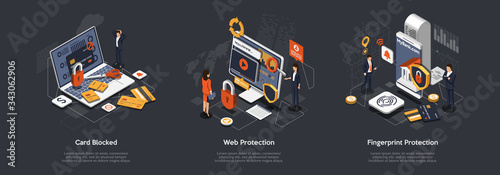 Isometric 3d Data Protection Concept. Credit Card Block, Web And Fingerprint Protection. Network Security Concept With Business People. Cyber Security Followings Templates. Vector illustrations Set