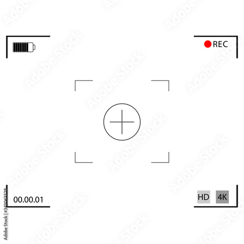 Video camera focusing screen. Camera frame. Interface viewfinder. Screen of video recorder digital display. Transparent background. Visual screen focusing. Vector