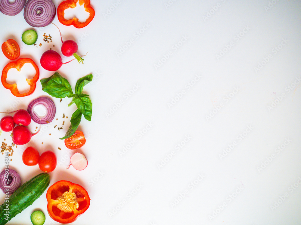 Fototapeta premium Cook frame with fresh vegetables on white background top view space for text