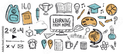 Learning from home. Back to school. Hand drawn illustration.