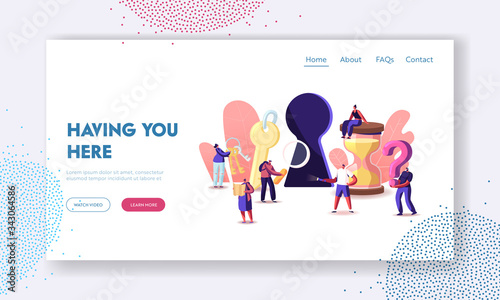 Escape Room Landing Page Template. Tiny Characters Paying Quest Game Solving Puzzle During Riddle. Friends Company Adventure, Recreation. People with Keys and Hourglass. Cartoon Vector Illustration