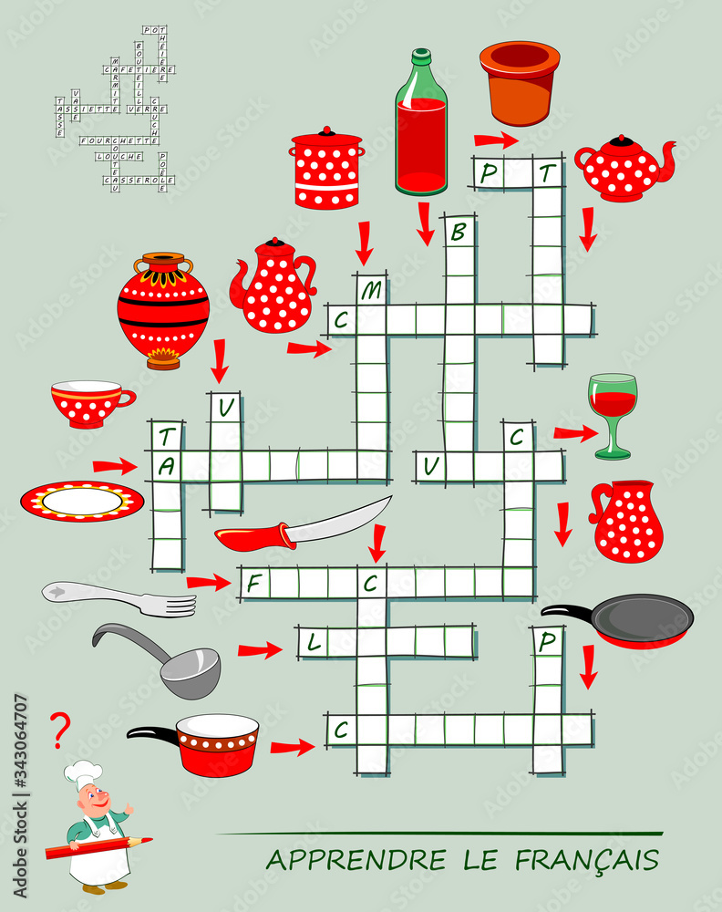 LEARN FRENCH. Crossword puzzle game with kitchen dishes. Educational page  for children to study French language and words. Printable worksheet for  kids textbook. School exercise book. Flat vector. Stock Vector | Adobe