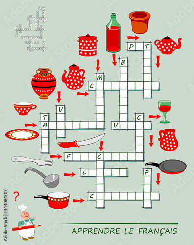 LEARN FRENCH. Crossword puzzle game with kitchen dishes. Educational page for children to study French language and words. Printable worksheet for kids textbook. School exercise book. Flat vector.