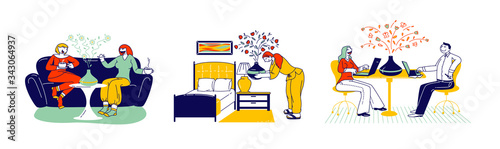 Aromatherapy Concept. Male and Female Characters Using Aroma Oil Diffuser Lamp at Home for Wellbeing and Relaxation. Women Chatting on Sofa, Couple Work on Laptops. Linear People Vector Illustration