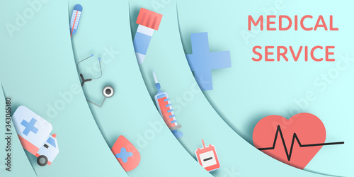 Paper art style of medical and health care icon and light blue paper layer background with copy space for text and message.