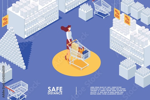 Landing page of an isometric girl in a store during quarantine.