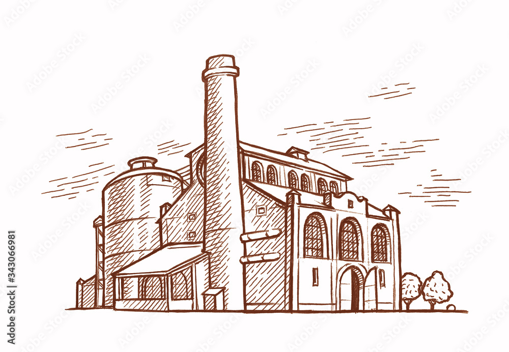 Fototapeta Old factory (plant) engraving style illustration.