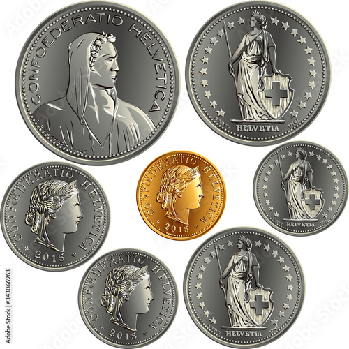 Set of Swiss Franc money, official coin in Switzerland, obverse face with alpine herdsman, Liberty, Helvetia and latin legend Confoederatio Helvetica