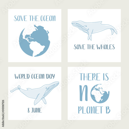 World ocean day, environment safety celebration. Save the whales. Vector set of 4 ready-to-use card. Perfect for print, social poster, ecology postcard, flyer