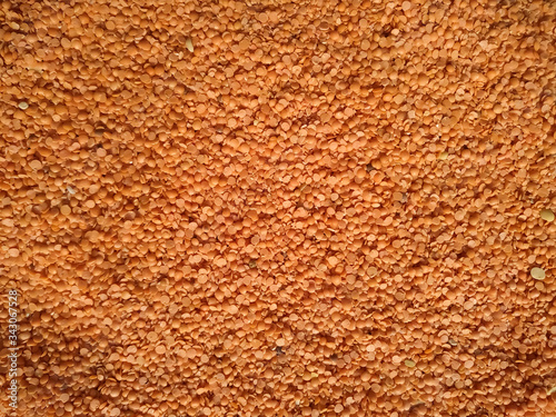 Red raw organic lentils texture. Food ingredient background. Natural