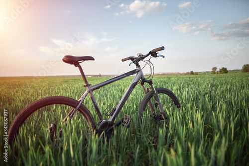 mountain bike stands in the green field at summer morning. cycling and summer leisure time.