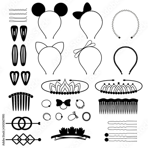 Set of black icons of hair accessories, vector illustration