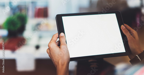 Hipster working  mockup screen tablet technology, workplace at home, isolation person holding computer with blank screen, hands texting connect gadget, communication wifi internet