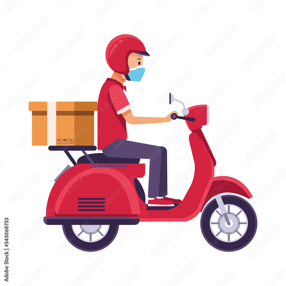 delivery worker with face mask in motorcycle delivery worker with face mask in motorcycle