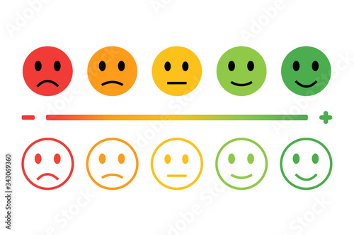 Feedback in form of emotions. Emotions Range Vector Icon. Five kinds of customized: excellent, good, normal, bad, terrible. Rating satisfaction.
