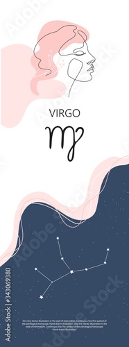 Zodiac background. Constellation virgo. Vertical banner. One line.