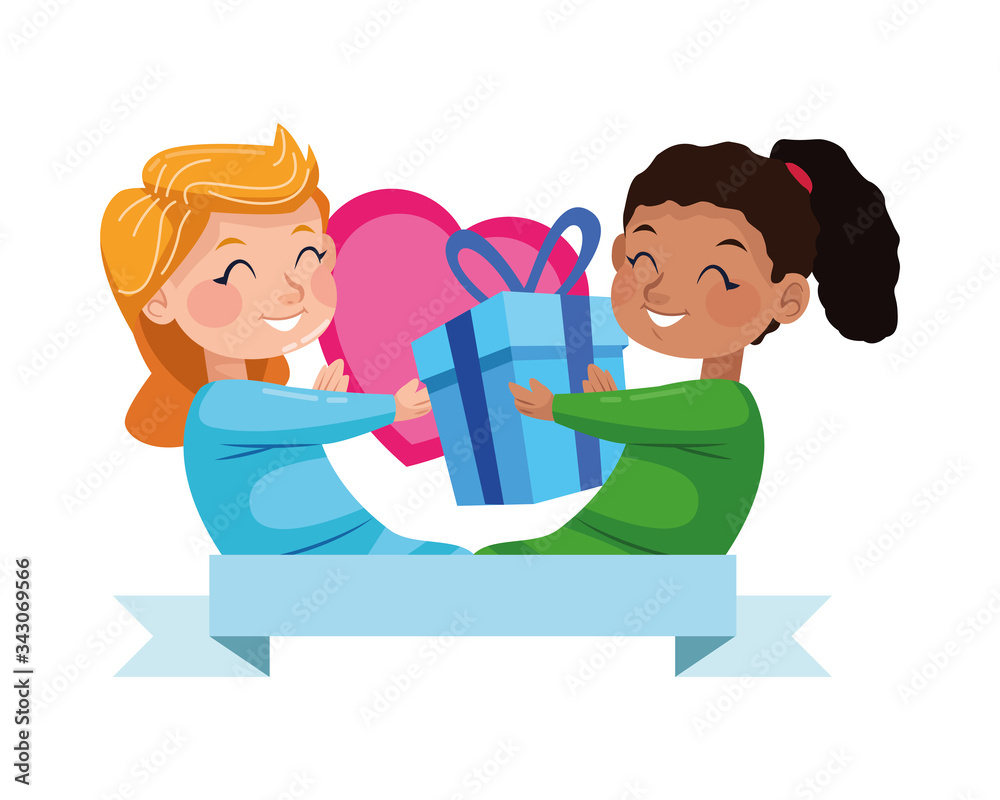 cute little girls with gift and heart characters cute little girls with gift and heart characters