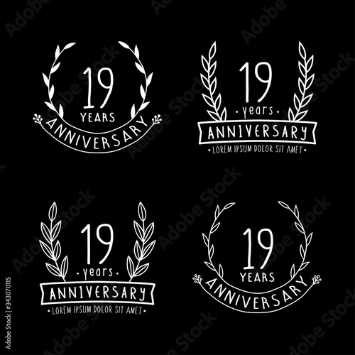 19 years anniversary logo collection. 19th years anniversary celebration hand drawn logotype. Vector and illustration.
