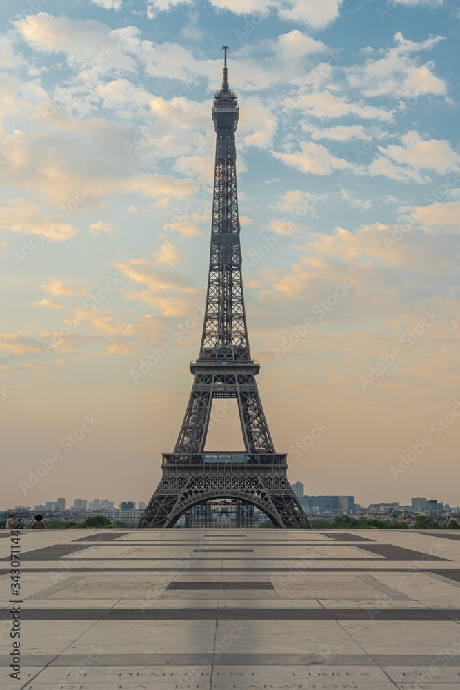 Paris, France - 04 25 2020: View of the Eiffel Tower from the Trocadero esplanade during the coronavirus period