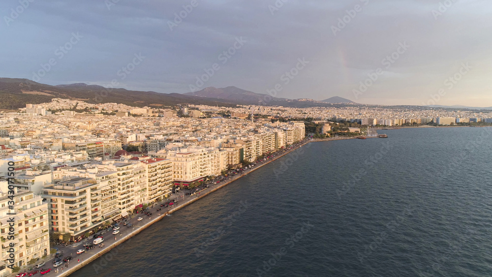 Aerial view of Thessaloniki city, Greece. Sunset. 