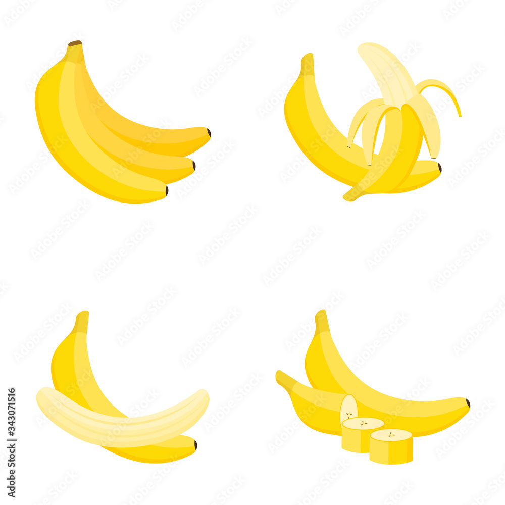 Banana, whole fruit, half, slice, vector illustration Banana, whole fruit, half, slice, vector illustration