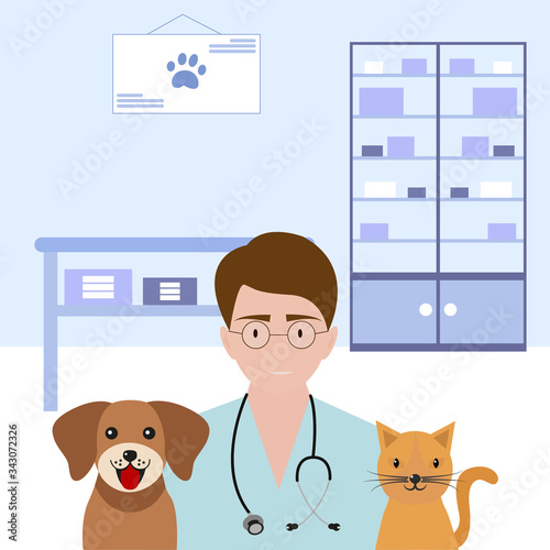 Veterinarian doctor with dog and cat in cabinet. The concept of care and treatment of animals.