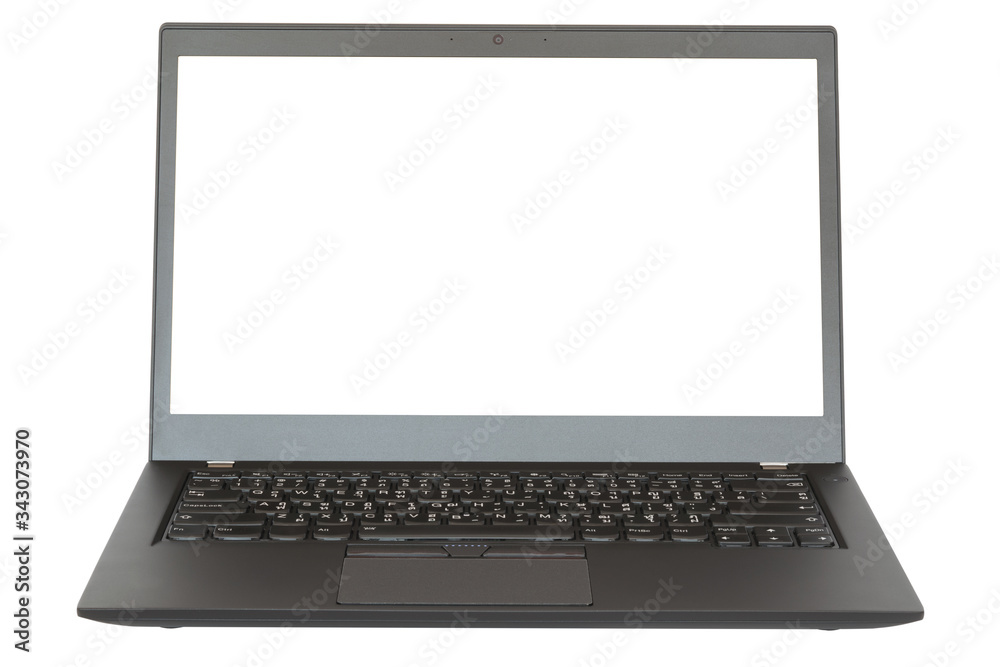 One black laptop with white screen isolated on white background One black laptop with white screen isolated on white background
