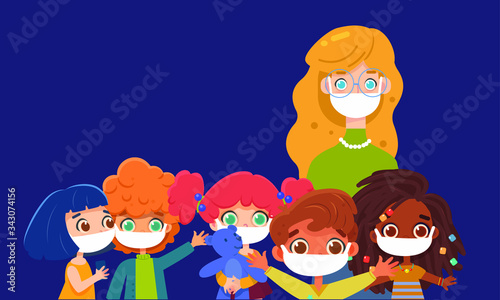 Children wearing face masks, air pollution, contaminated air, world pollution. Group of coworkers wearing medical masks to prevent disease, flu, gas mask. Coronavirus.