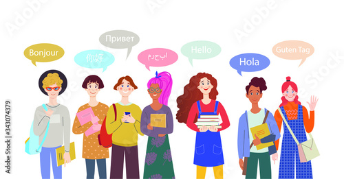 International group of students. Hello in different languages.  Diverse cultures, international communication concept, club of foreign languages, language learning camp.
