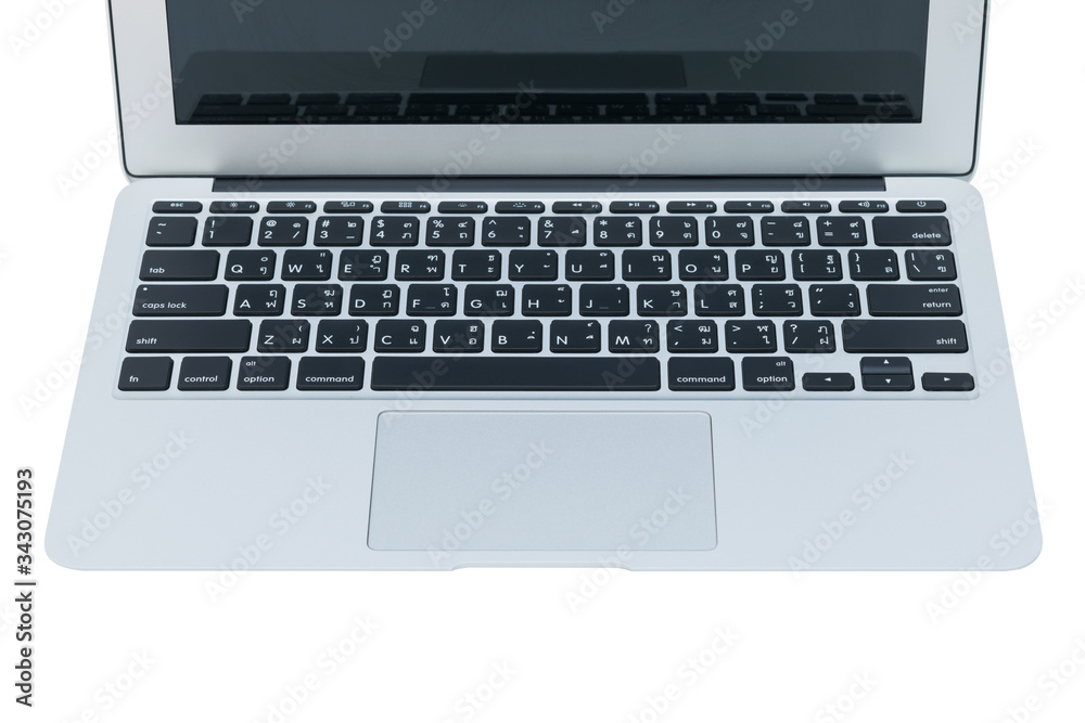 Half front view of white laptop closeup on white background Half front view of white laptop closeup on white background