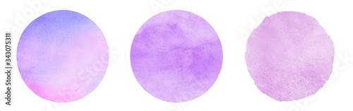 Lilac, lavender watercolor circles set. Round shapes, text frames collection. Pink, soft violet, purple watercolour stains background, texture, design element. Light pastel colors aquarelle templates.