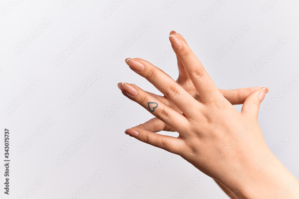 Hand of caucasian young woman touching fingertips, concentration and business thinking gesture