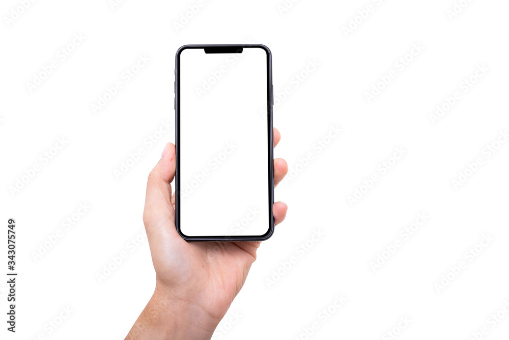 Hand holding new smartphone on white background