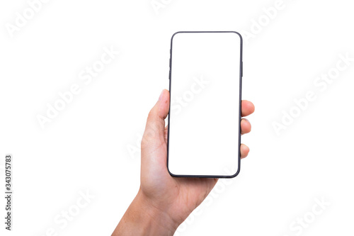 Hand holding new smartphone on white background