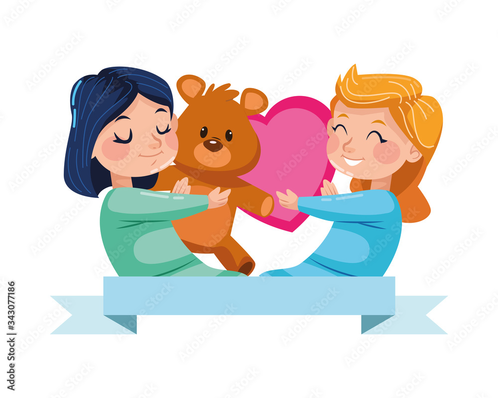 cute little girls with bear teddy and heart characters cute little girls with bear teddy and heart characters