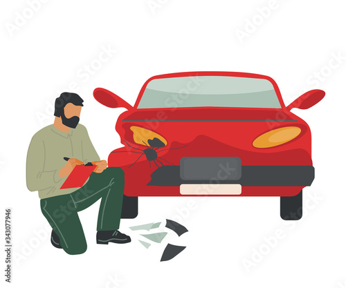 Insurance agent or car crash inspector expertise vehicle after road accident. Automobile damage inspection and registration. Cars diagnostics and service of roadside assistance. Vector illustration.
