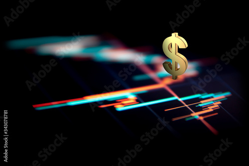 3D rendered gold American dollar symbol on black financial screen background with green and red graphs with copy space