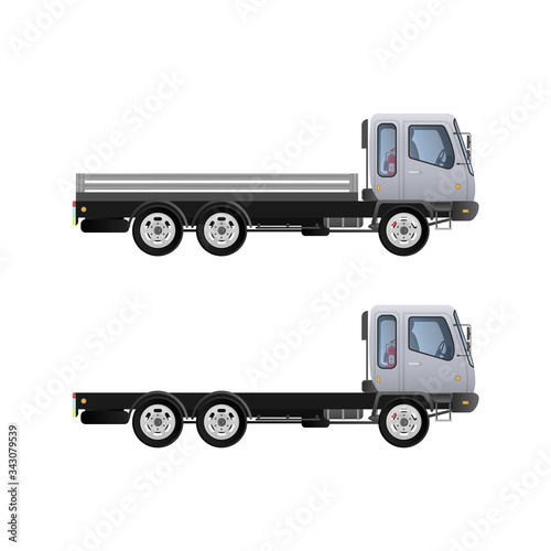 Set of trucks side view. Delivery of cargo. Solid and flat color design. White truck for transportation. Separate on a white background. Vector.