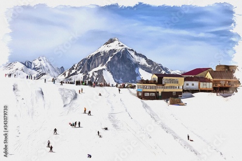 Dombay. Ski slope. Imitation of a picture. Oil paint. Illustration
